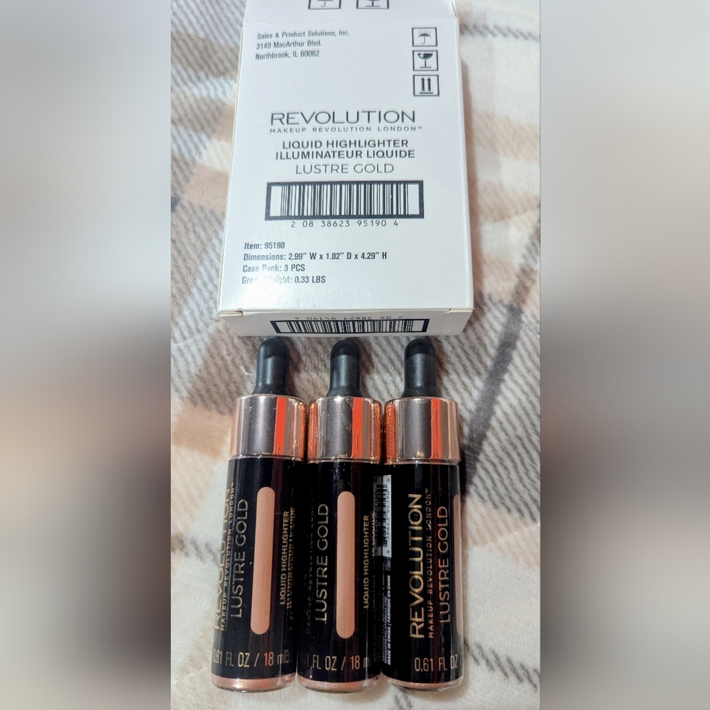 Lot of 3 - Revolution Liquid Highlighter.  Shade: Lustre Gold. Stunning! Sealed.